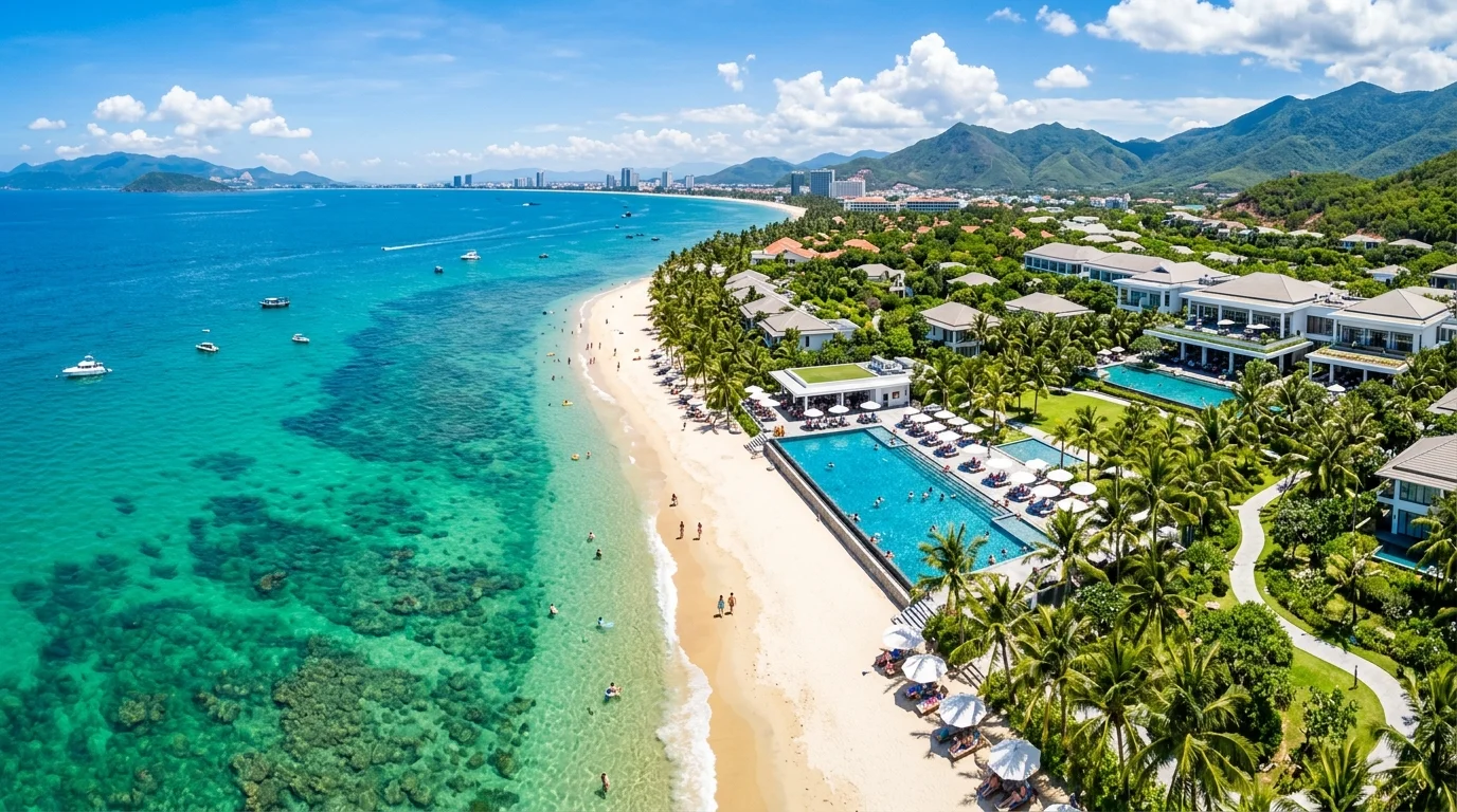 나트랑 여행 경비 - 나트랑 해변 에메랄드 바다와 리조트 전경