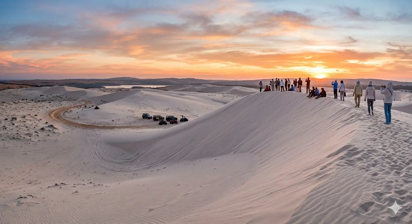 무이네 화이트 샌드 듄 사구 일출 풍경을 바라보는 여행자들, 무이네 여행 경비 최저가로