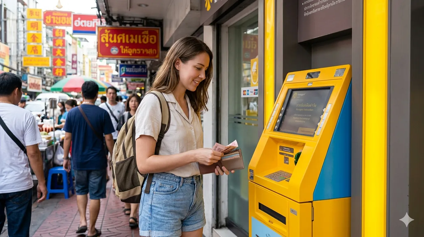 태국 ATM 기기에서 현금 인출하는 외국인 관광객