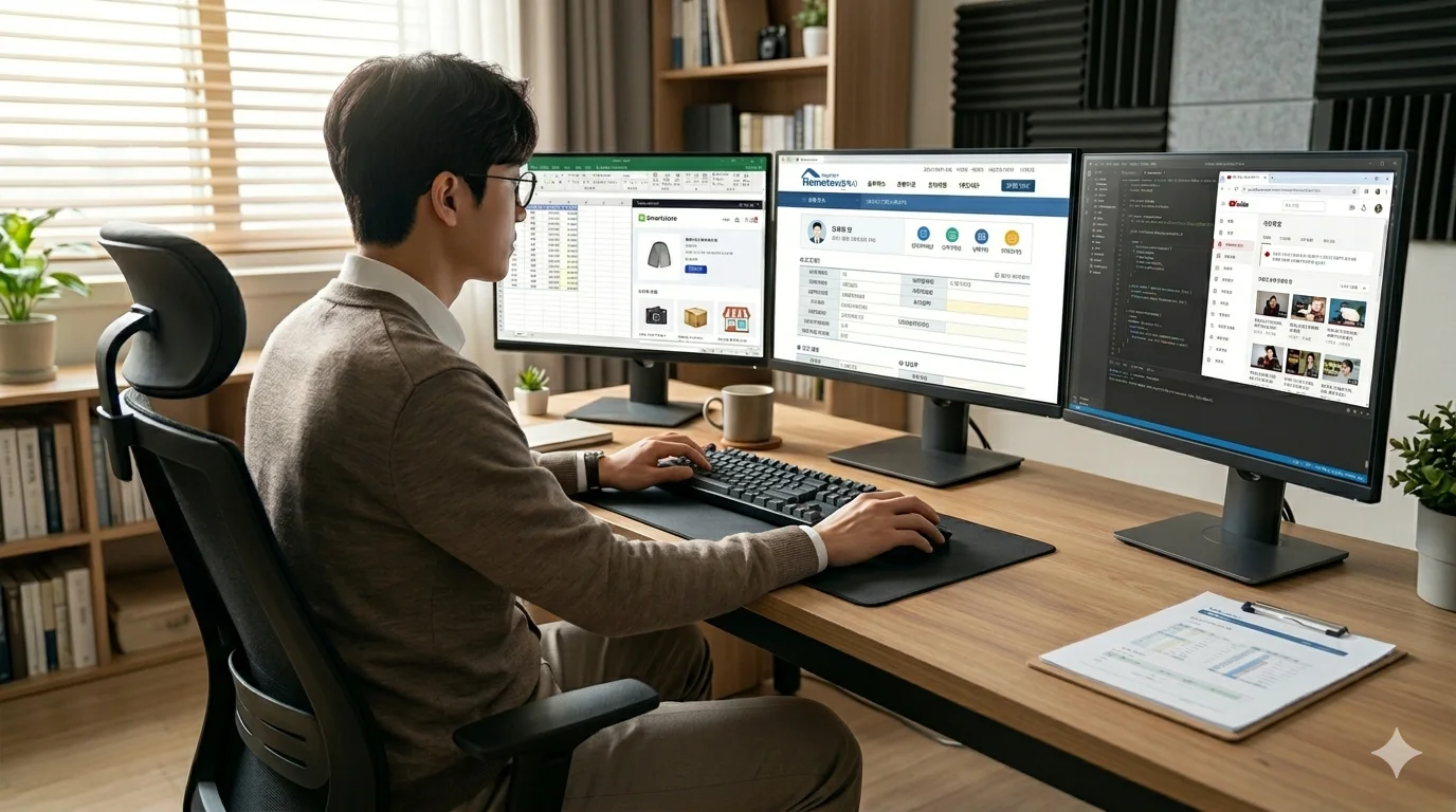 퇴근 후 책상에 앉아 컴퓨터 앞에서 부업을 하고 있는 직장인