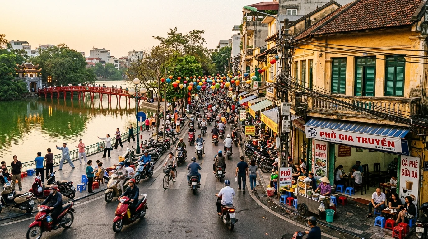 하노이 호안끼엠 호수와 구시가지 활기찬 거리 풍경