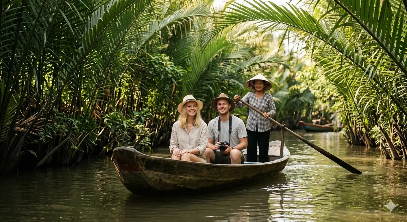 호치민 대표 투어 메콩델타 투어 하는 외국인 커플